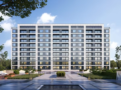 Modern Mid Rise Residential Building Exterior With Landscaped Square Water Feature And Greenery 3d model