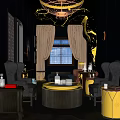 Modern Bar Interior With Dark Paneled Walls Crystal Chandelier Liquor Shelves And Armchairs