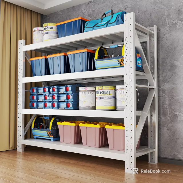 White Metal Storage Display Shelving With Multiple Layers Blue Pink Bins Paint Cans And Tools 3d model 