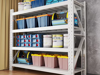 White Metal Storage Display Shelving With Multiple Layers Blue Pink Bins Paint Cans And Tools 3d model
