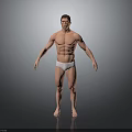 Shirtless Muscular Man With Toned Physique In White Underwear On Grey Background