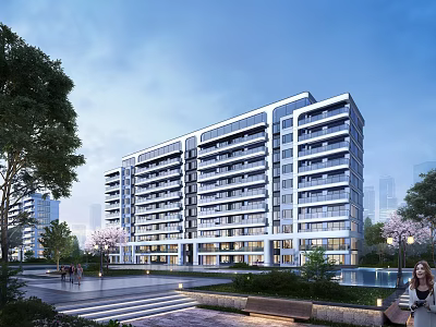Modern Residential Building Exterior With Green Landscaping Water Feature And Pedestrian Walkway 3d model