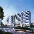 Modern Residential Building Exterior With Green Landscaping Water Feature And Pedestrian Walkway