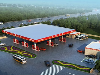 Public Facility Gas Station Featuring Multiple Fuel Pumps And Vehicles In Green Surroundings 3d model