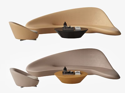 Sleek Contemporary Sofa Accent Chair And Coffee Table Set In Neutral Beige Brown Tones 3d model
