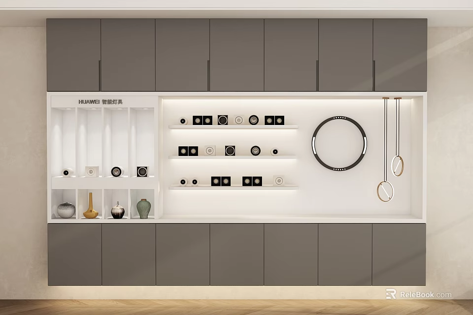 Modern White Display Shelves With Gray Cabinets Decorative Items Circular Ornaments And Black Square Objects 3d model