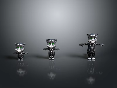 Three Different Sizes Cat Figurines In Black White Spots With Green Eyes On Gray Background 3d model