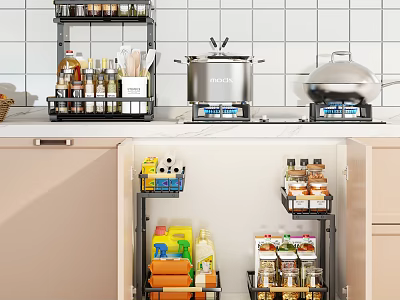 Practical Kitchen Storage Shelf Organizer with Spices Bottles Cleaning Supplies Countertop and Cabinet Storage 3d model