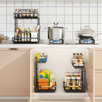 Practical Kitchen Storage Shelf Organizer with Spices Bottles Cleaning Supplies Countertop and Cabinet Storage 3d model