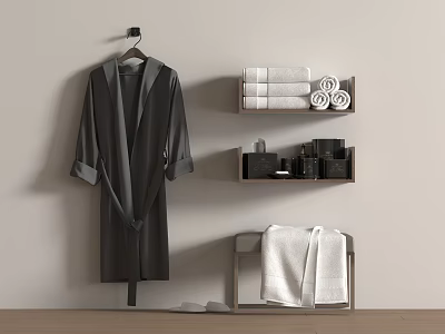 White Folded Towels On Shelf With Hanging Bathrobe And Table In Bathroom 3d model