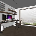 Modern Study Room Interior With Wooden Desk Computer Monitor Bookshelves And Blinds