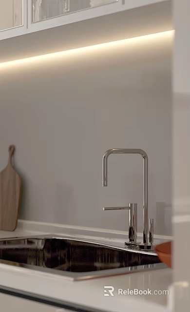 Modern Kitchen Faucet With Wooden Cutting Board And Light Colored Wall 3d model 