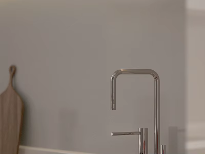 Modern Kitchen Faucet With Wooden Cutting Board And Light Colored Wall 3d model