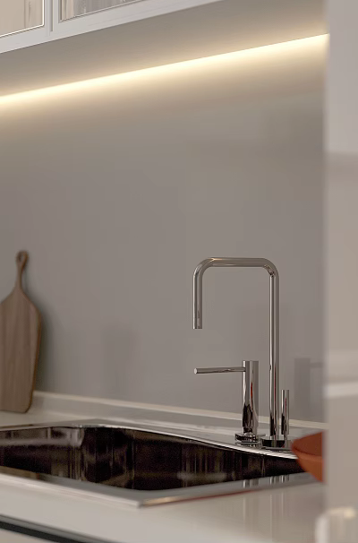 Modern Kitchen Faucet With Wooden Cutting Board And Light Colored Wall 3d model