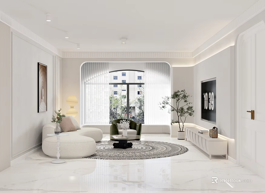 Modern Living And Dining Room Interior With White Sofa Coffee Table TV Plant And Window 3d model 