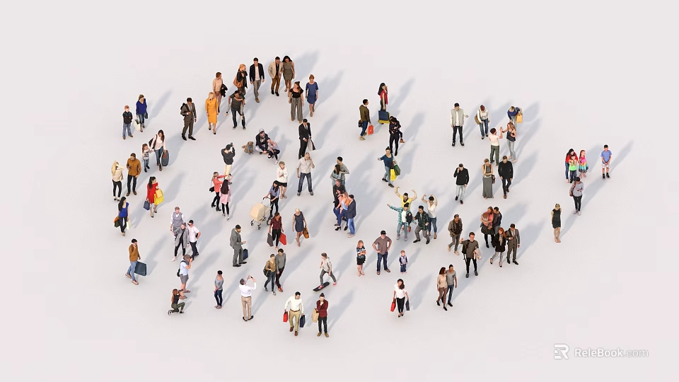 Group of people standing interacting in various poses with different clothing on white background 3d model 