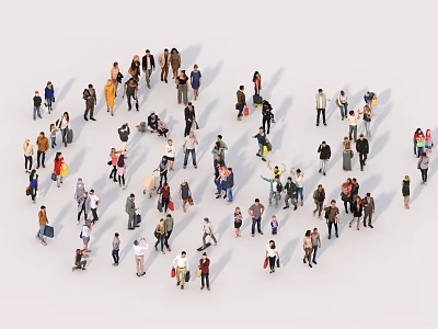 Group of people standing interacting in various poses with different clothing on white background 3d model