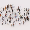 Group of people standing interacting in various poses with different clothing on white background