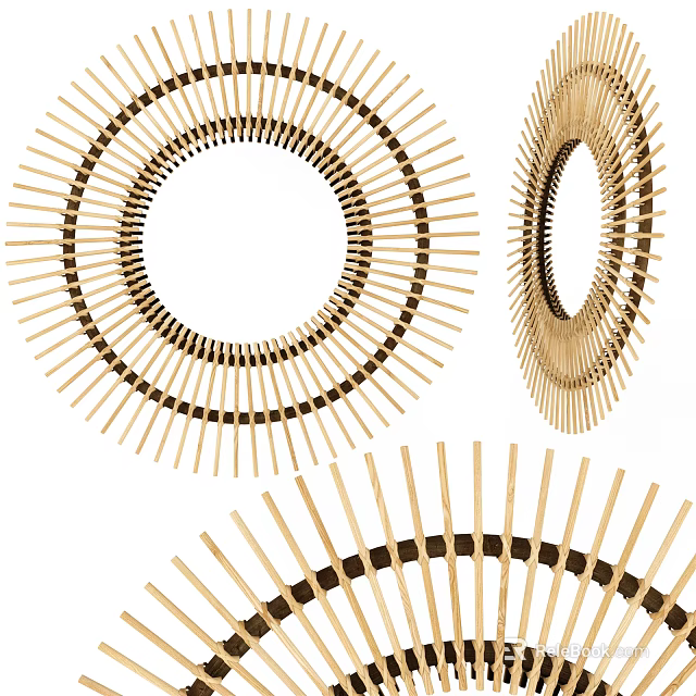Elegant Modern Round Decorative Mirror with Woven Bamboo Craft Design 3d model 