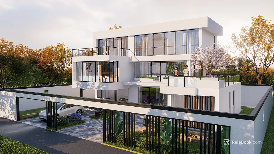 Modern Two Story Detached Villa With Large Glass Windows Balcony Greenery Driveway And Parking Area 3d model 