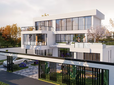 Modern Two Story Detached Villa With Large Glass Windows Balcony Greenery Driveway And Parking Area 3d model