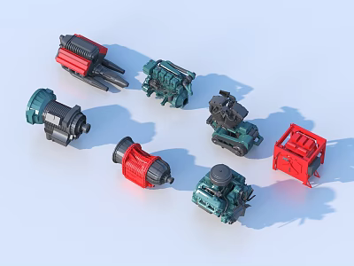Various Industrial Equipment Models Red Green Black Motors Pumps Mechanical Parts Arranged On White Background 3d model