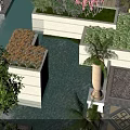Tropical Garden Landscape With Water Pool Stone Planters And Colorful Flowers