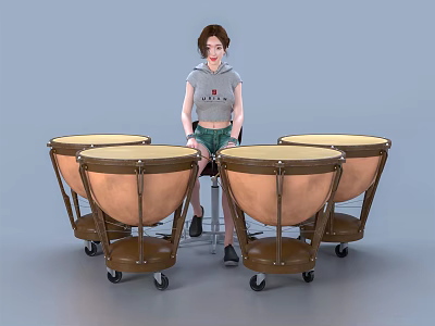 Seated Young Girl Surrounded By Four Wooden Timpani Musical Instruments On Wheels 3d model