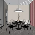 Modern Living Room Interior With Round Table Chairs Marble Floor Cartoon Wall Art Ceiling Lighting