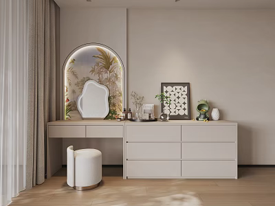 Modern Dressing Table With Arched Mirror Potted Plants Stool And Storage Drawers 3d model