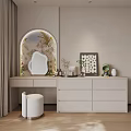 Modern Dressing Table With Arched Mirror Potted Plants Stool And Storage Drawers