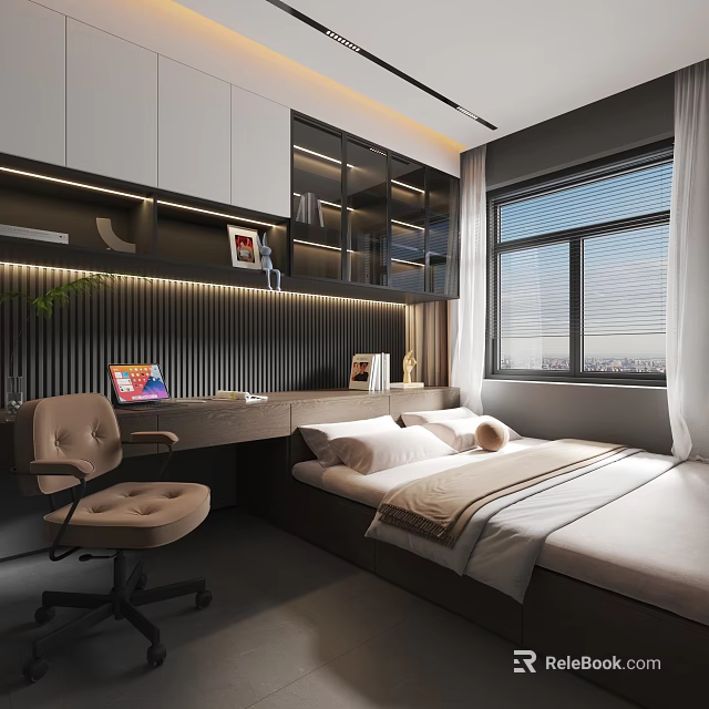 Modern Tatami Bedroom Interior With Desk Laptop Bookshelf Chair And Natural Light 3d model 