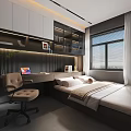 Modern Tatami Bedroom Interior With Desk Laptop Bookshelf Chair And Natural Light