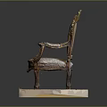 Carved Wooden Frame Armchair With Upholstered Patterned Fabric And Marble Base