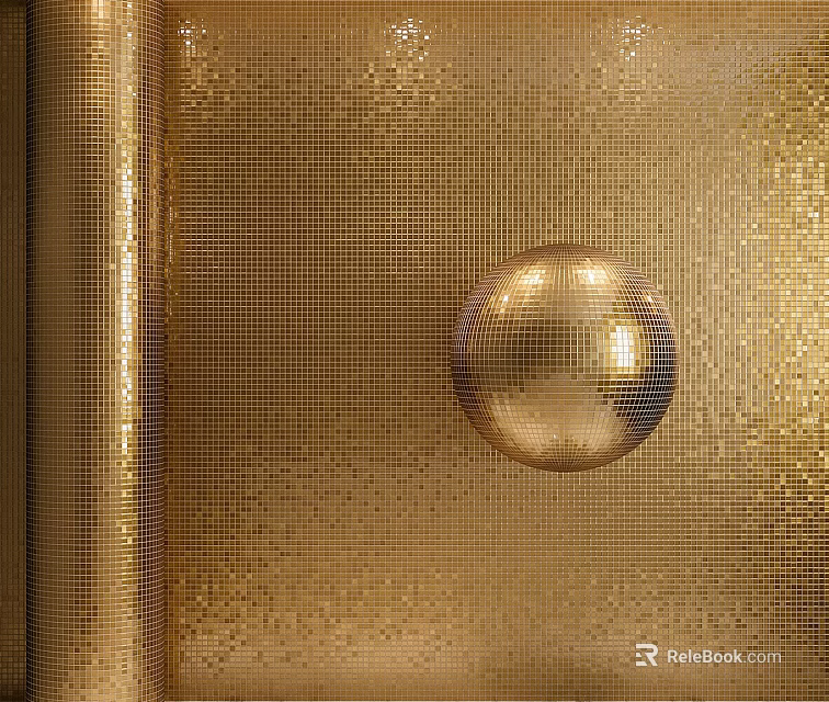 Golden Sparkling Sequin Background Wall With Hanging Shiny Disco Ball Decoration 3d model 