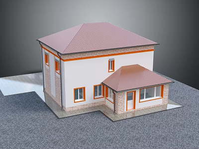 Two Story Detached Villa With White Exterior Walls Orange Trim Red Roof And Porch 3d model