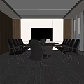 Modern Conference Room Interior With Long Table Black Office Chairs Wooden Walls And Large Windows