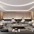Modern Office Interior Design With Curved Ceiling Gray Sofas Coffee Table And Chairs 3d model