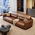 Leather Sofa and Coffee Table Set with Pillows Throw Blanket and City View Window