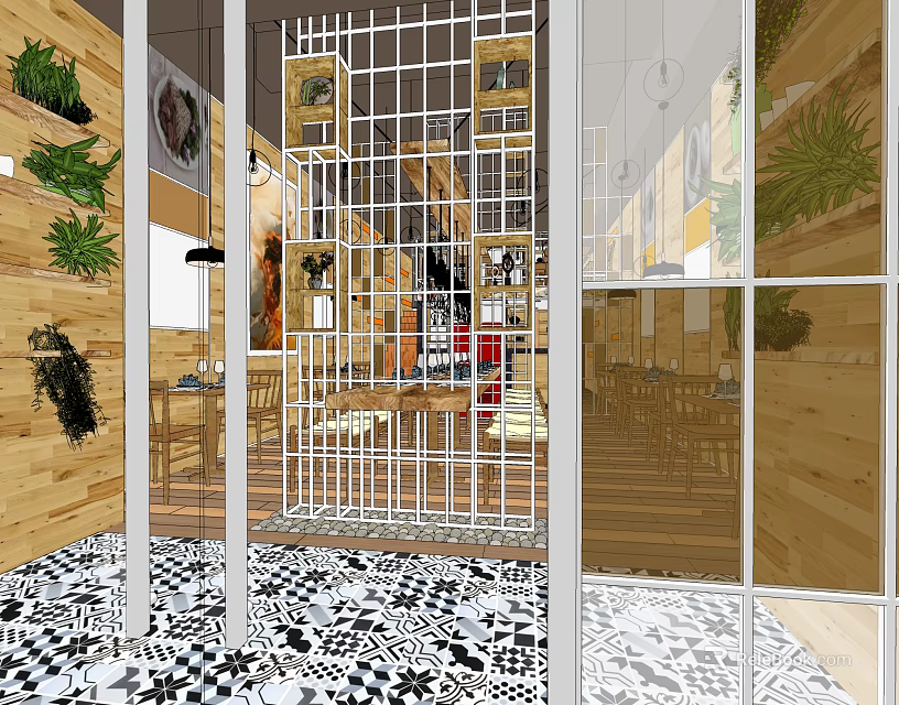 Modern Restaurant Interior With Wooden Walls Hanging Plants Glass Partitions And Geometric Patterned Floor 3d model 