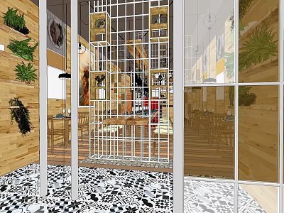 Modern Restaurant Interior With Wooden Walls Hanging Plants Glass Partitions And Geometric Patterned Floor 3d model