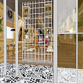 Modern Restaurant Interior With Wooden Walls Hanging Plants Glass Partitions And Geometric Patterned Floor