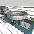 Modern Commercial Street With Circular Glass Building Green Trees And Pedestrian Area