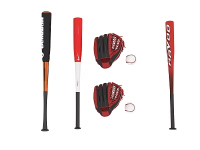 Baseball Sports Equipment Set Including Red Black Bats Red Gloves And White Balls 3d model