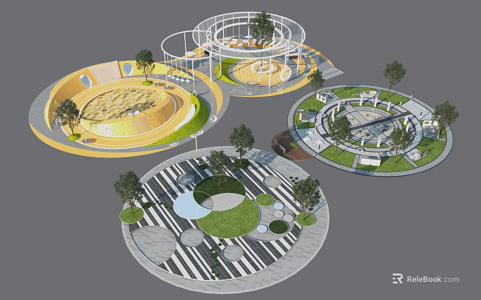 Park Landscape Featuring Circular Areas Walkways Greenery Trees And Seating Spaces 3d model 