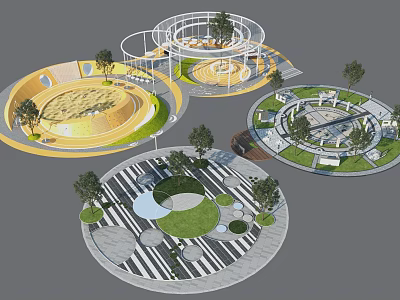Park Landscape Featuring Circular Areas Walkways Greenery Trees And Seating Spaces 3d model