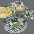 Park Landscape Featuring Circular Areas Walkways Greenery Trees And Seating Spaces 3d model