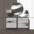 Entryway Console Cabinet with Round Mirror Table Lamp and Landscape Design 3d model