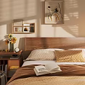 Wooden Double Bed In Modern Cozy Bedroom With White Sheets Nightstand And Sunflowers