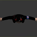 Uniformed Character In Black Uniform With Red Epaulets Blue Armband Brown Belt And Outstretched Arms